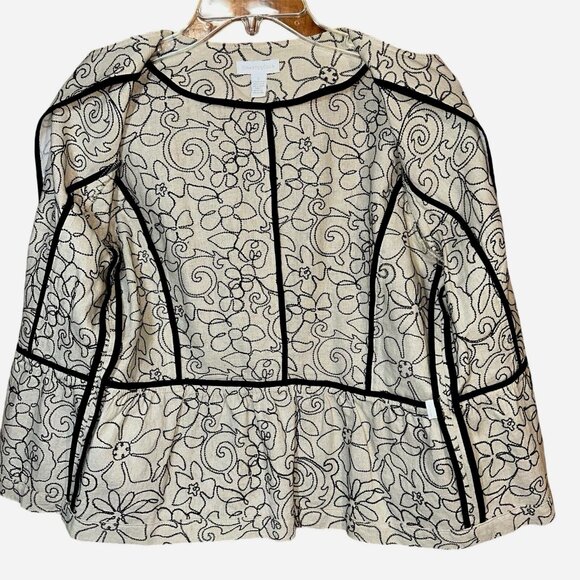 Charter Club Boho Floral Peplum Jacket Sz S Cream Black Linen Blend Quiet Luxury - Picture 4 of 6